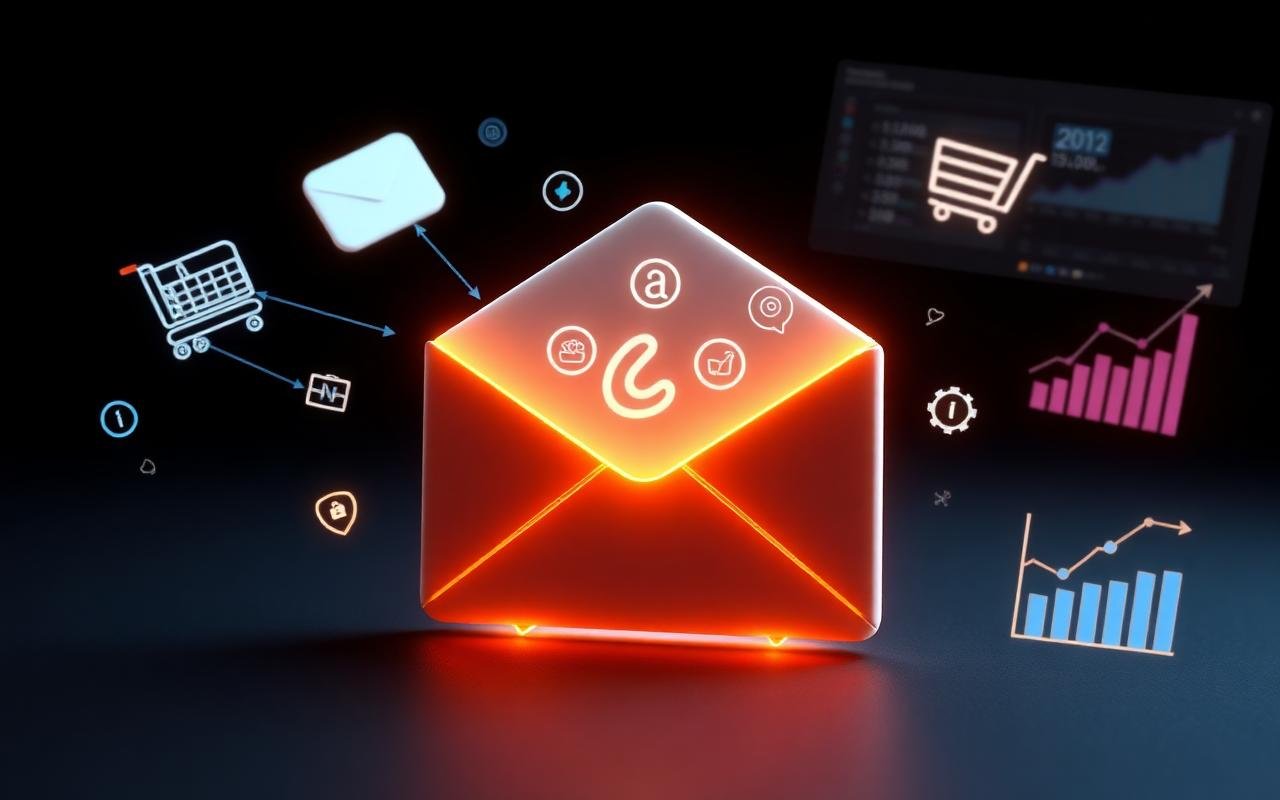 Cinematic illustration of email marketing, e-commerce cart and analytics powered by AI