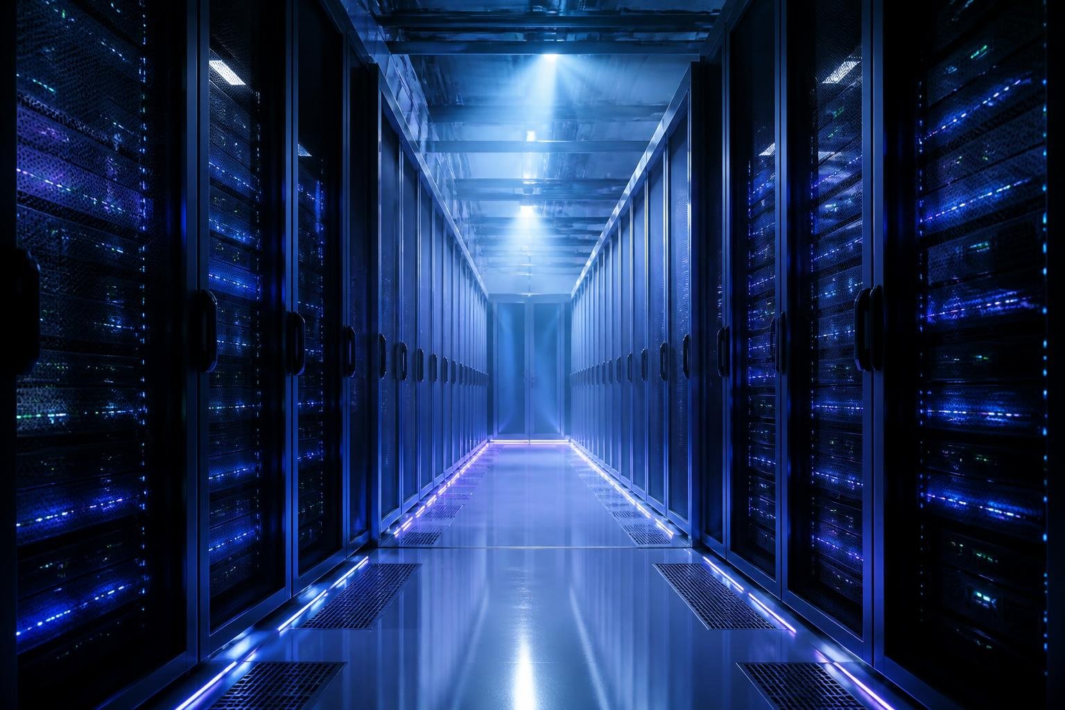 Cinematic neon-lit data center powering Globalaffixpro Business Solution premium hosting