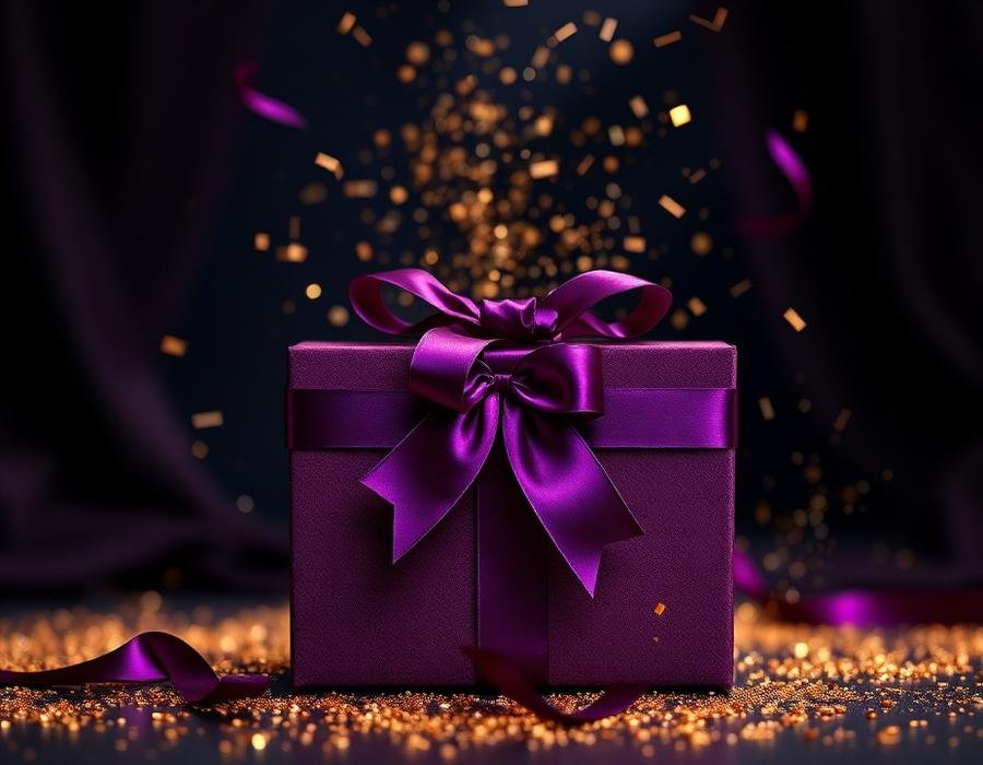 Premium purple gift box with golden confetti representing exclusive subscriber offer