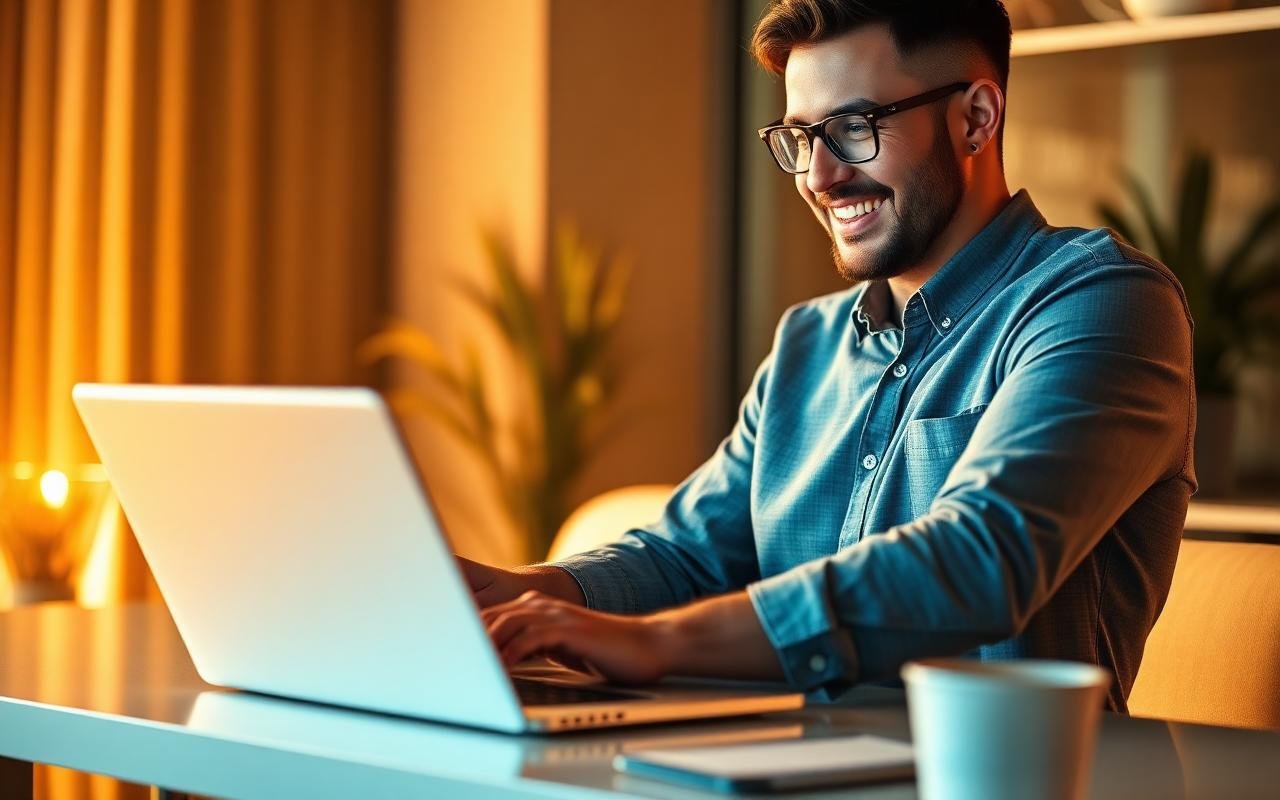 Confident entrepreneur smiling at a successful live website built fast