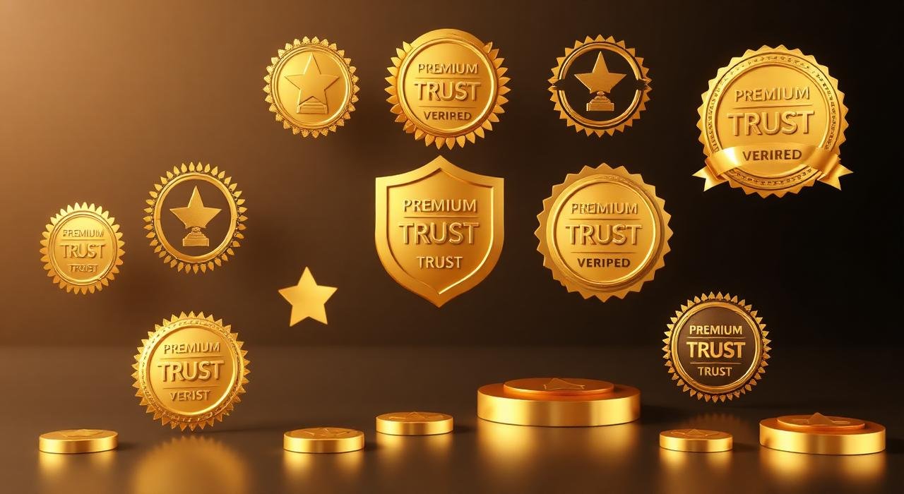 Premium gold trust badges and verified shields representing security and quality
