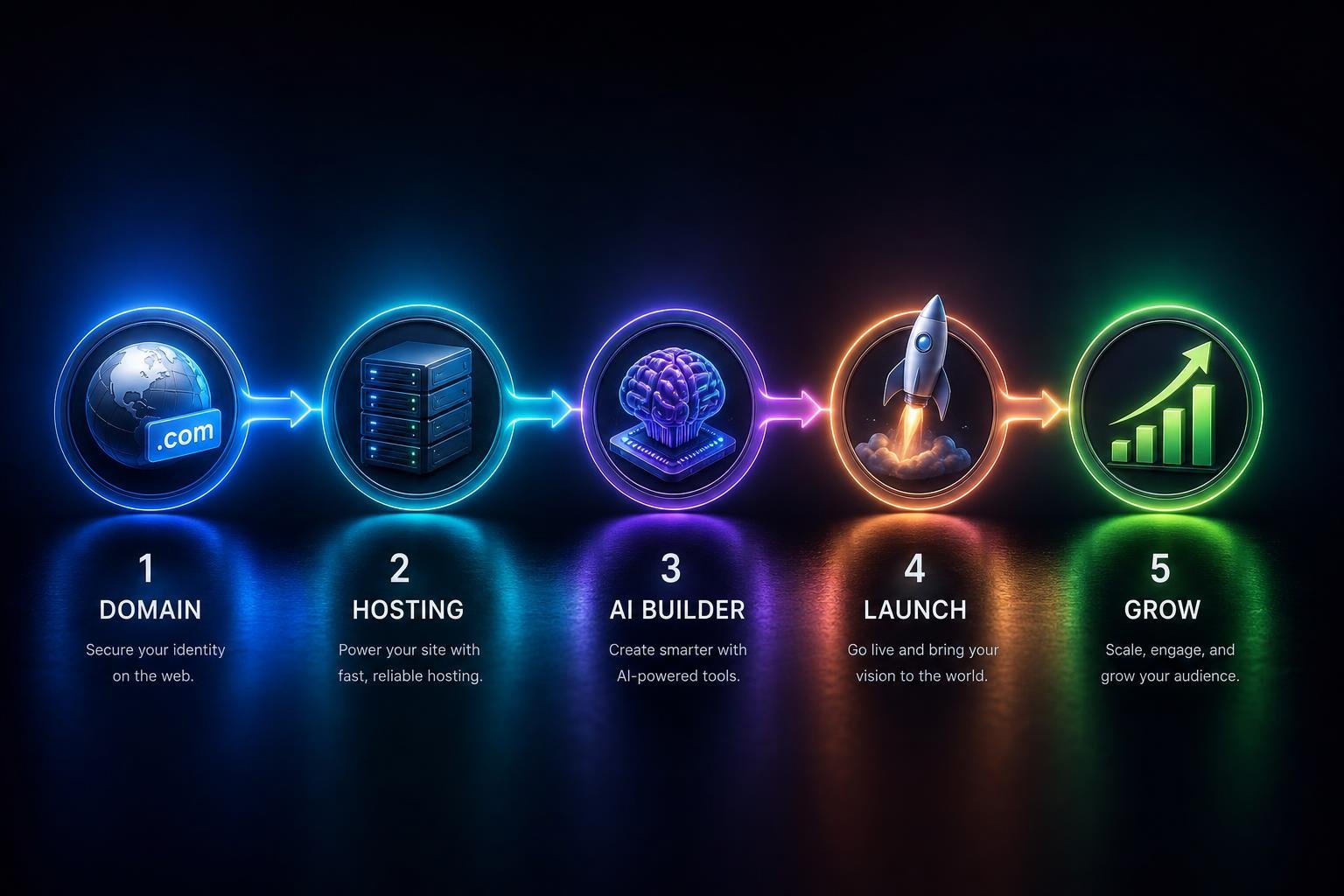 Live workflow diagram showing steps: Domain, Hosting, AI Builder, Launch, Grow
